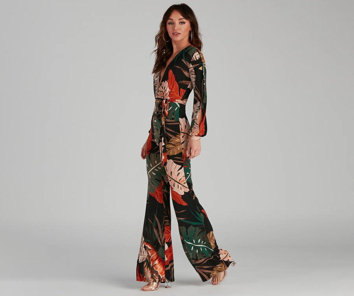 Island Getaway Plunge Neck Tropical Jumpsuit