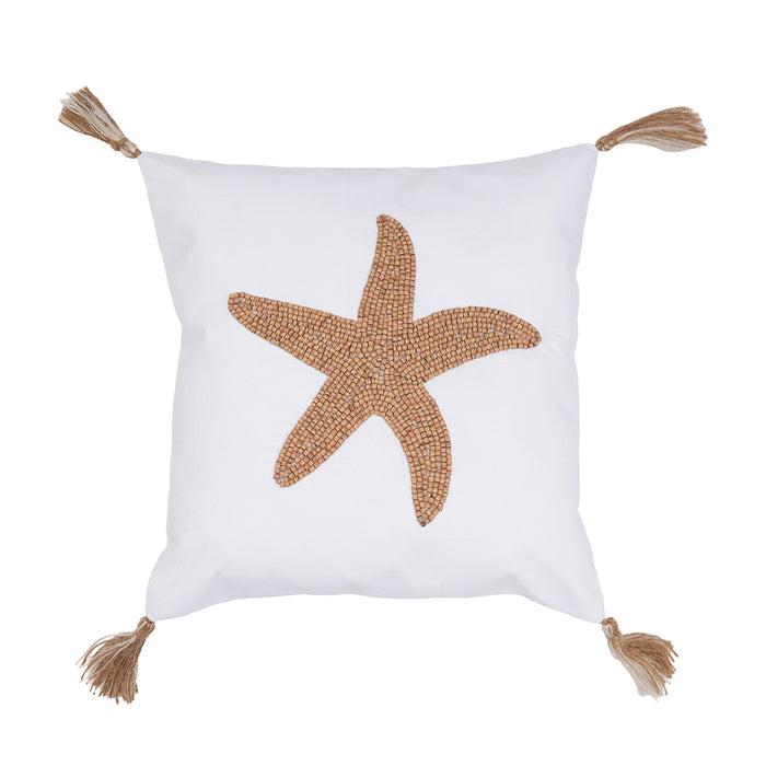 A 12in. x 12in. Sea Star Handmade Wood Beaded Pillow.