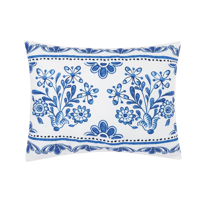 A 14in. x 18in. Delft Garden 2 Indoor Outdoor Pillow.