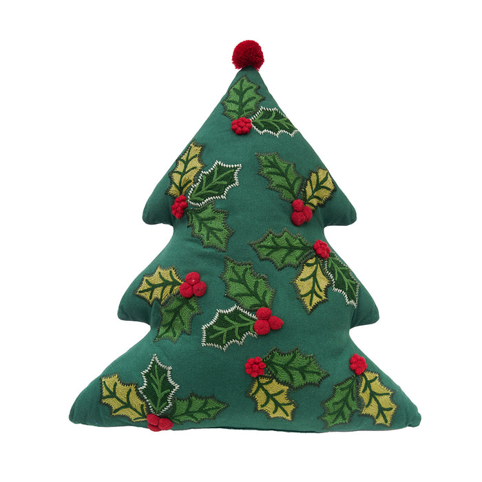 A 18in. Holly Christmas Tree Shaped Pillow.