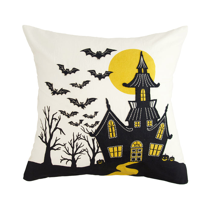 A 18in. x 18in. Haunted House Pillow.