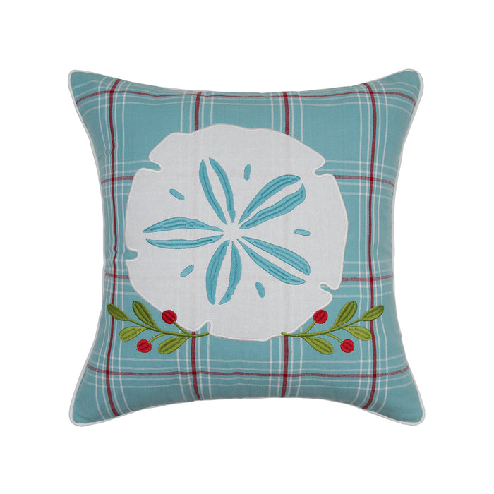 A 18in. x 18in. Plaid Sand Dollar Pillow.