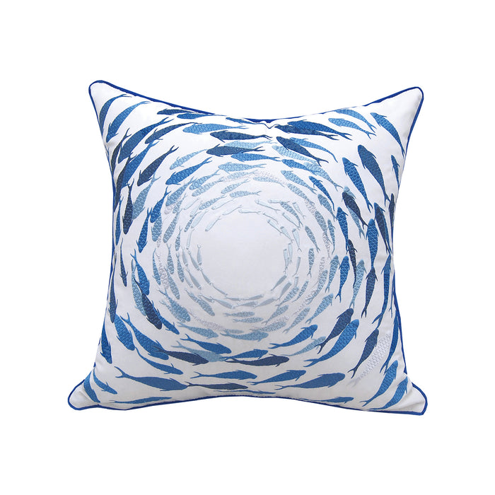 A 20in. x 20in. Azure Fish School Indoor Outdoor Pillow.