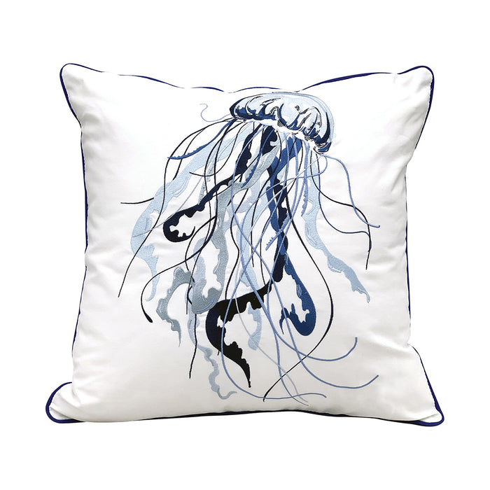 A 20in. x 20in. Blue Jellyfish Indoor Outdoor Pillow.