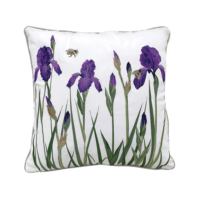 A 20in. x 20in. Iris and Bee Indoor Outdoor Pillow.