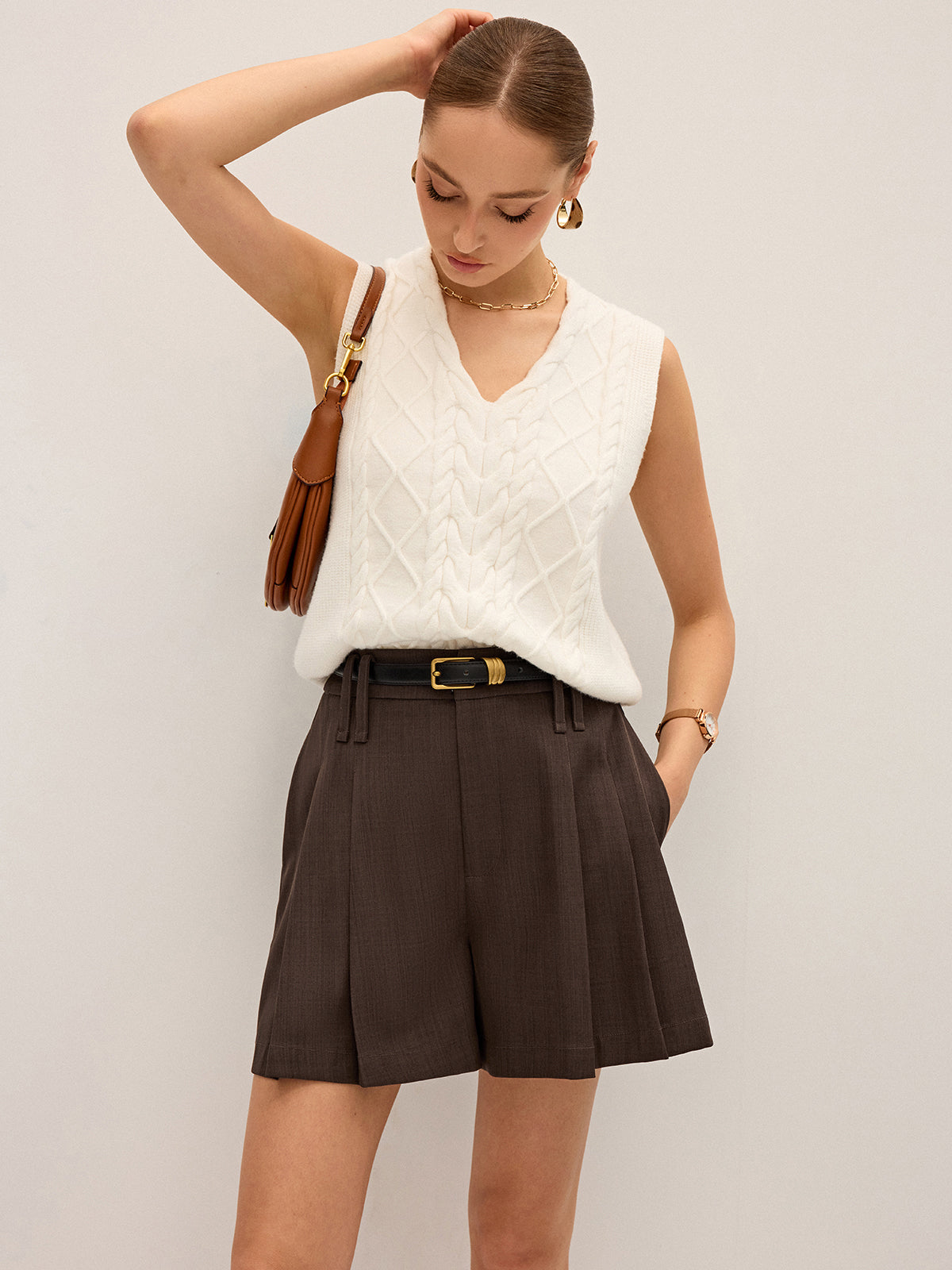Pleated Mid-Waist Shorts without Belt