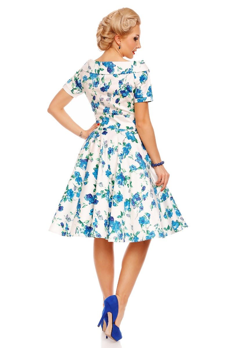 Darlene Floral Roses Swing Dress in White-Blue