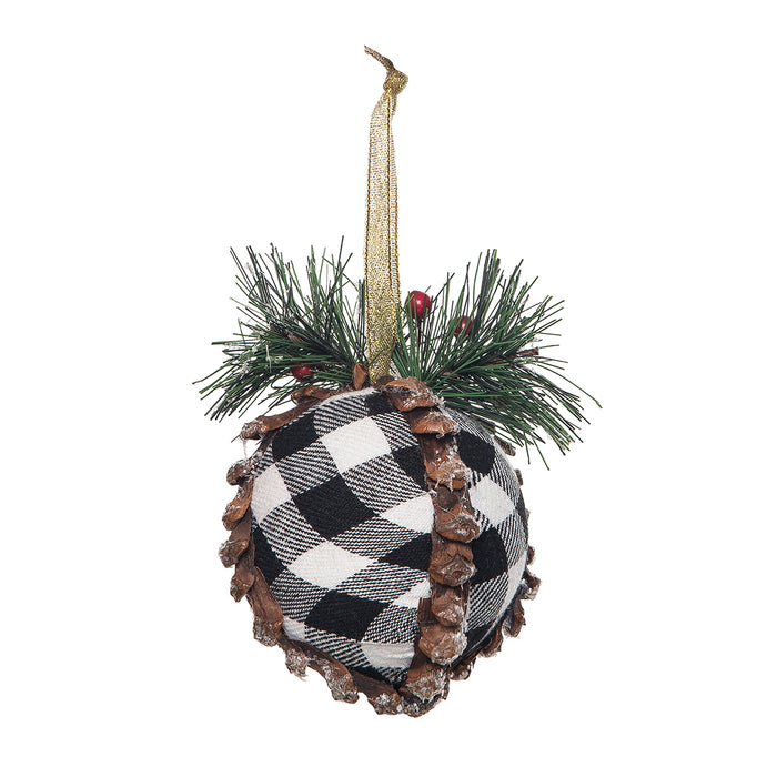 A Black White Plaid Ball Ornament.