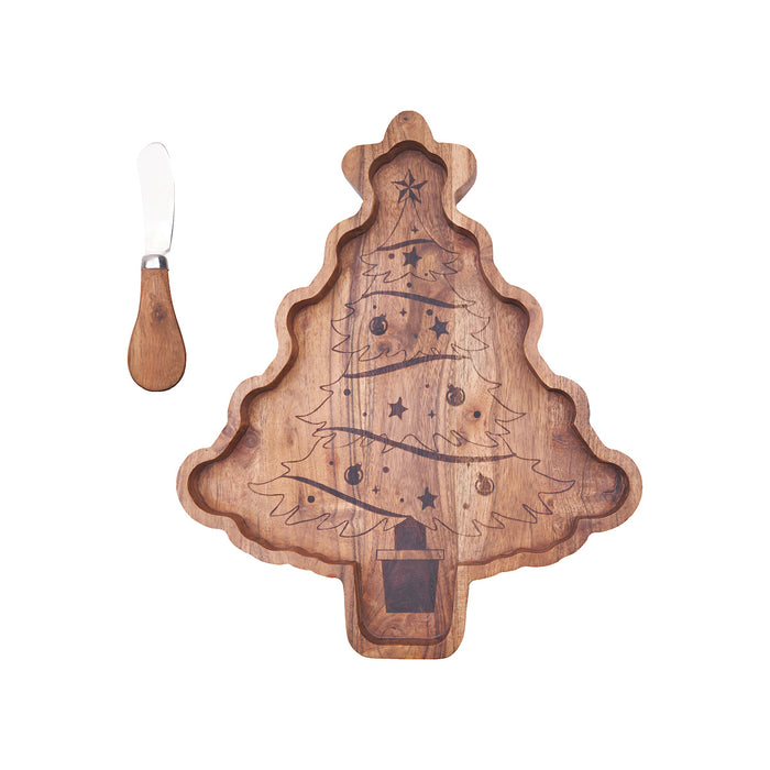 A Christmas Tree Acacia Wood Serving Board & Spreader Set.