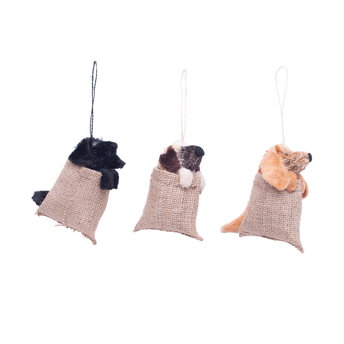 A set of Dog in Feed Sack Buri ornaments.