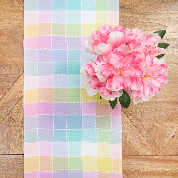 Hana Color Block Plaid Table Linens table linens displayed as a coordinated tabletop setting.