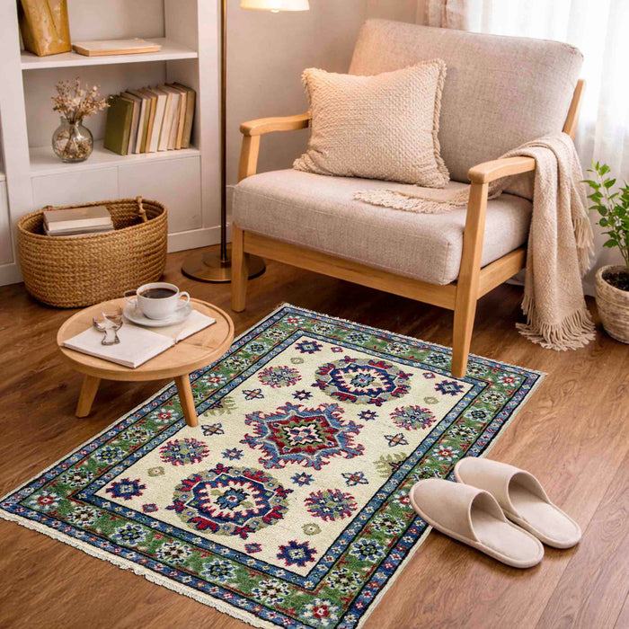 Kazak Rug Handmade Beige Medallion 2 x 3 ft