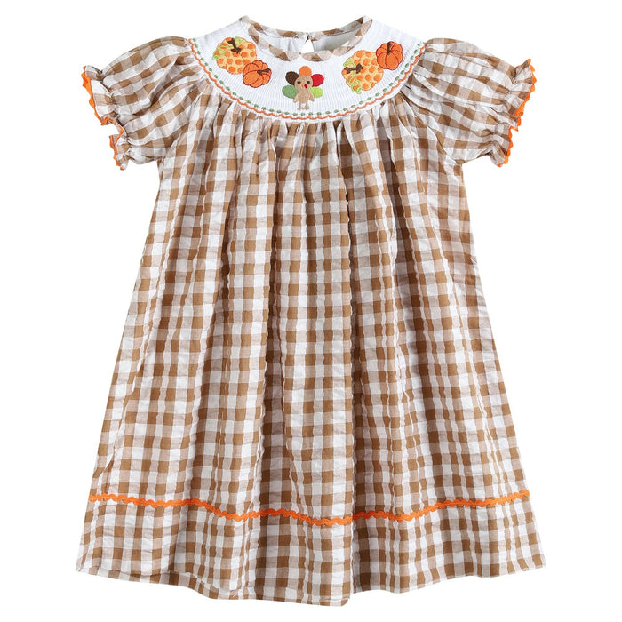 Light Brown Gingham Pumpkin Turkey Smocked Bishop Dress - Premium from Lil Cactus - Just $38.95! Shop now at Pat's Monograms