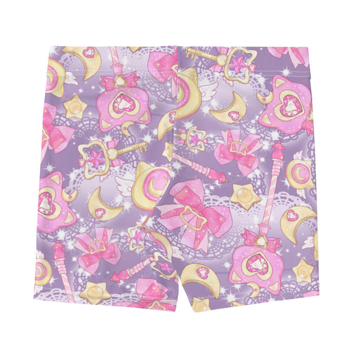 Magical Girl kawaii shorts covered in magic scepters and heart gems, in pink and purple