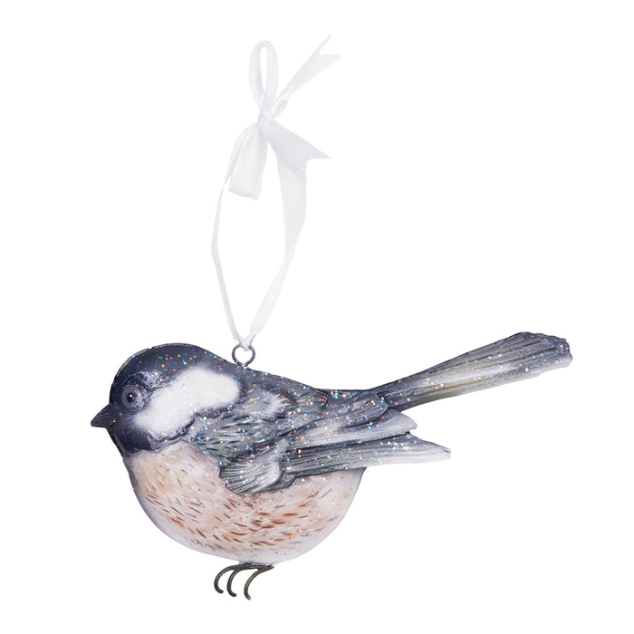 A Metal & Capiz Chickadee Ornament.