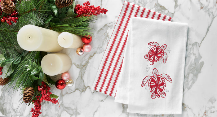 A Peppermint Turtles Flour Sack Kitchen Towel.
