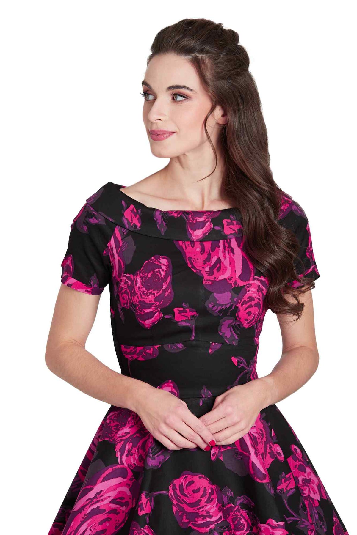 Darlene Retro Black-Pink Roses Swing Dress