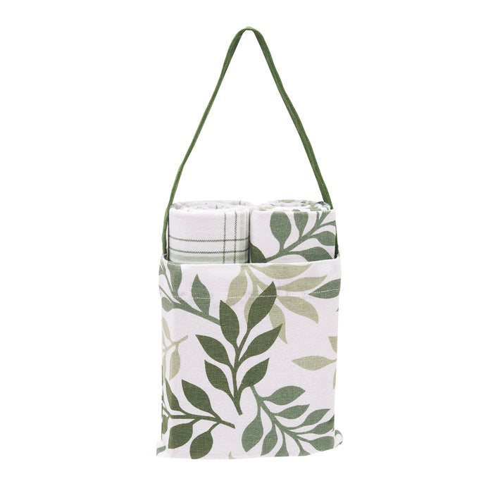 A Sage Foliage & Plaid Kitchen Towel & Bag Set.