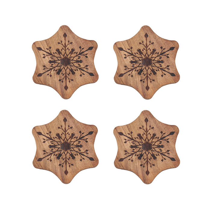 A Snowflake Acacia Wood Coasters, Set of 4.
