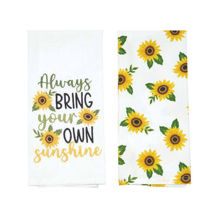 A Sunshine Sunflower Printed & Embroidered Kitchen Towel, Set of 2.