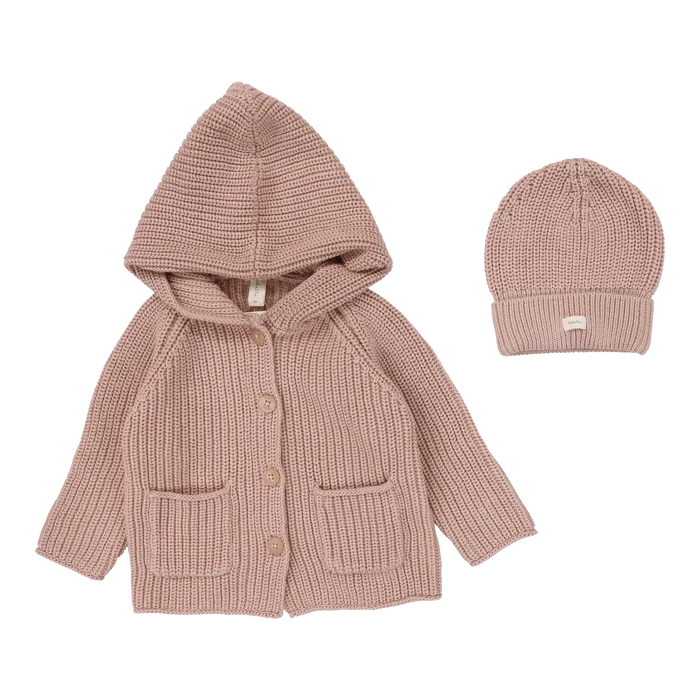 top l/s chunky knit cardigan with beanie - dusty pink