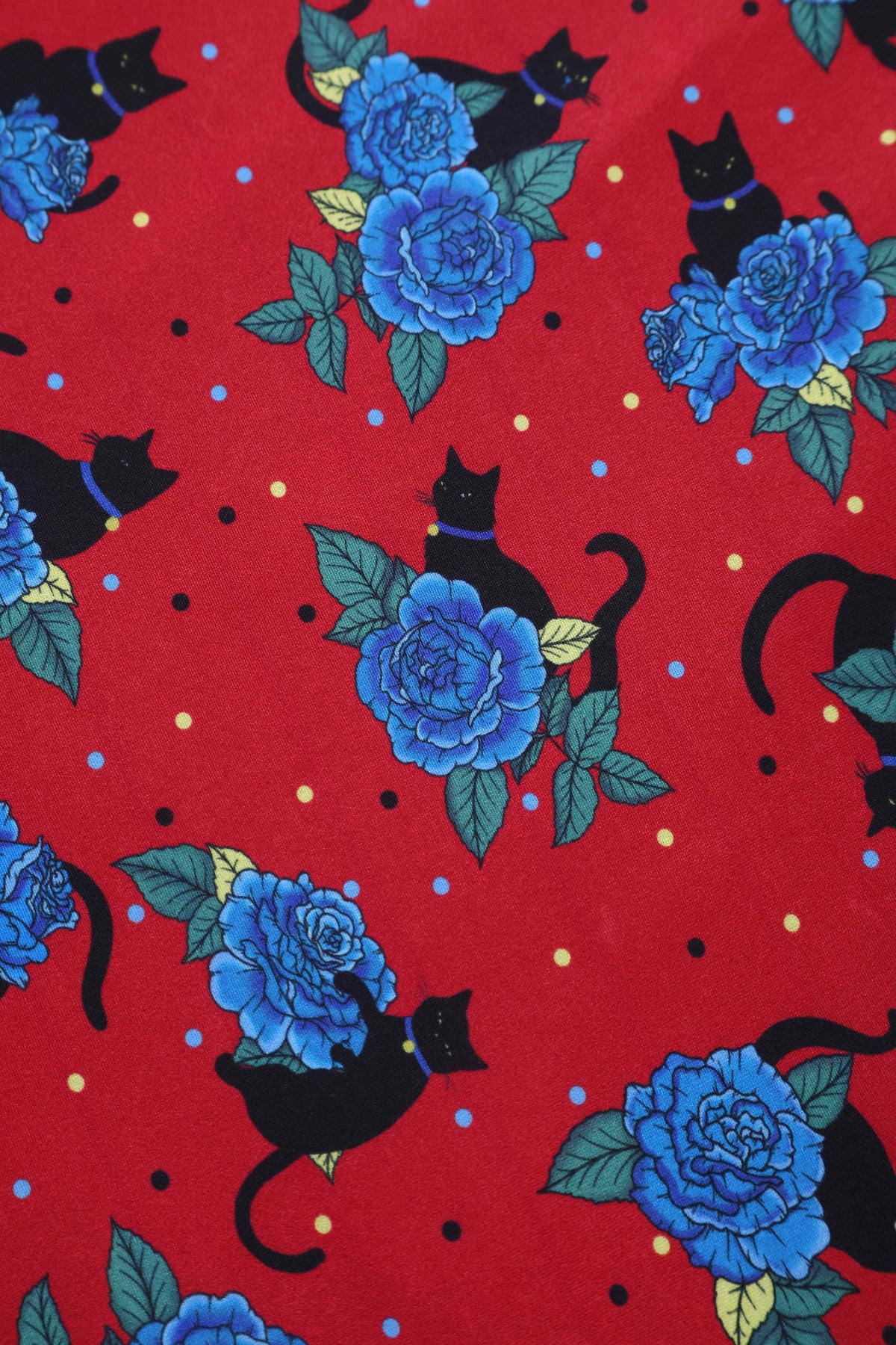 Matilda Vintage Black Cat & Rose Wrap Dress In Red