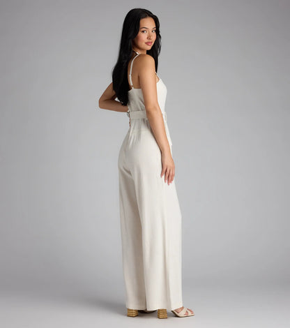 Stylish In The Sunshine Linen Cargo Jumpsuit
