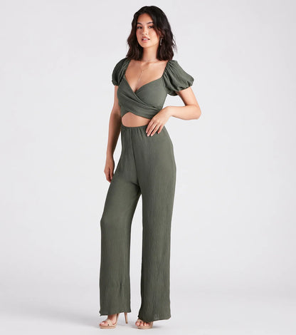 Flirt On Check Linen Puff Sleeve Jumpsuit
