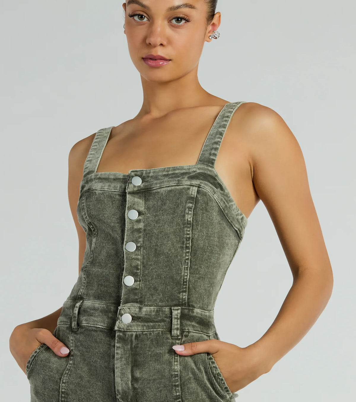 Stylish Edge Acid-Wash Corduroy Jumpsuit