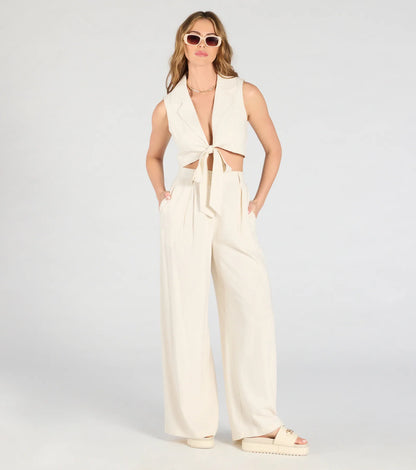 Beachy Chic Wide-Leg Trouser Pants With Linen