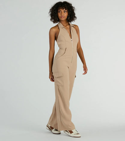 Traveling Cute Halter Wide-Leg Cargo Jumpsuit