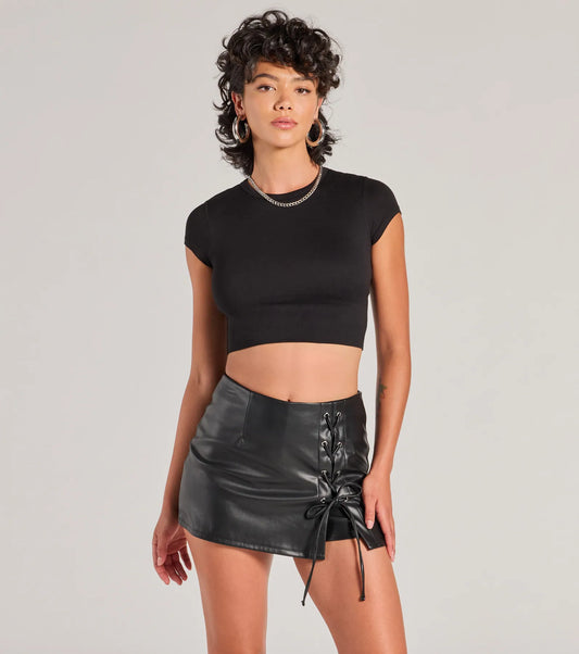 Sultry Edge Lace-Up Faux Leather Skort