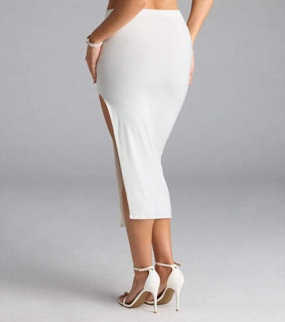 Flirty Ways Ruched High Slit Midi Skirt