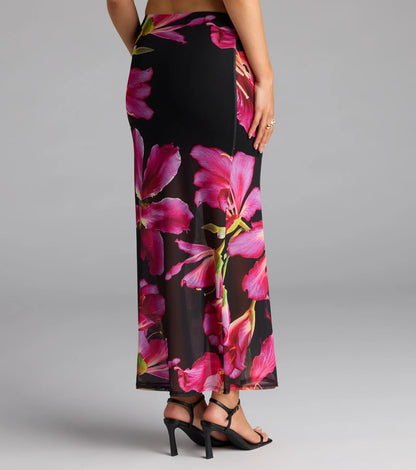 Vacay Queen Tropical Floral Mesh Maxi Skirt