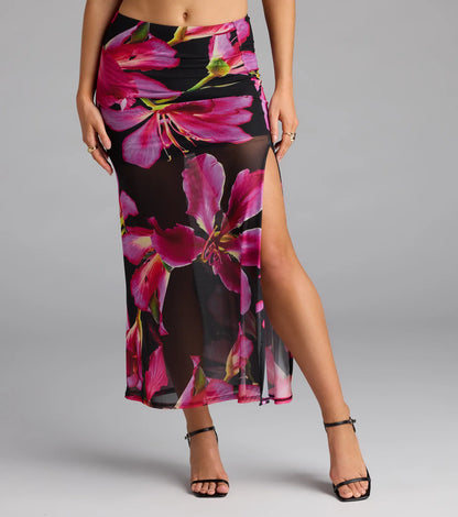 Vacay Queen Tropical Floral Mesh Maxi Skirt