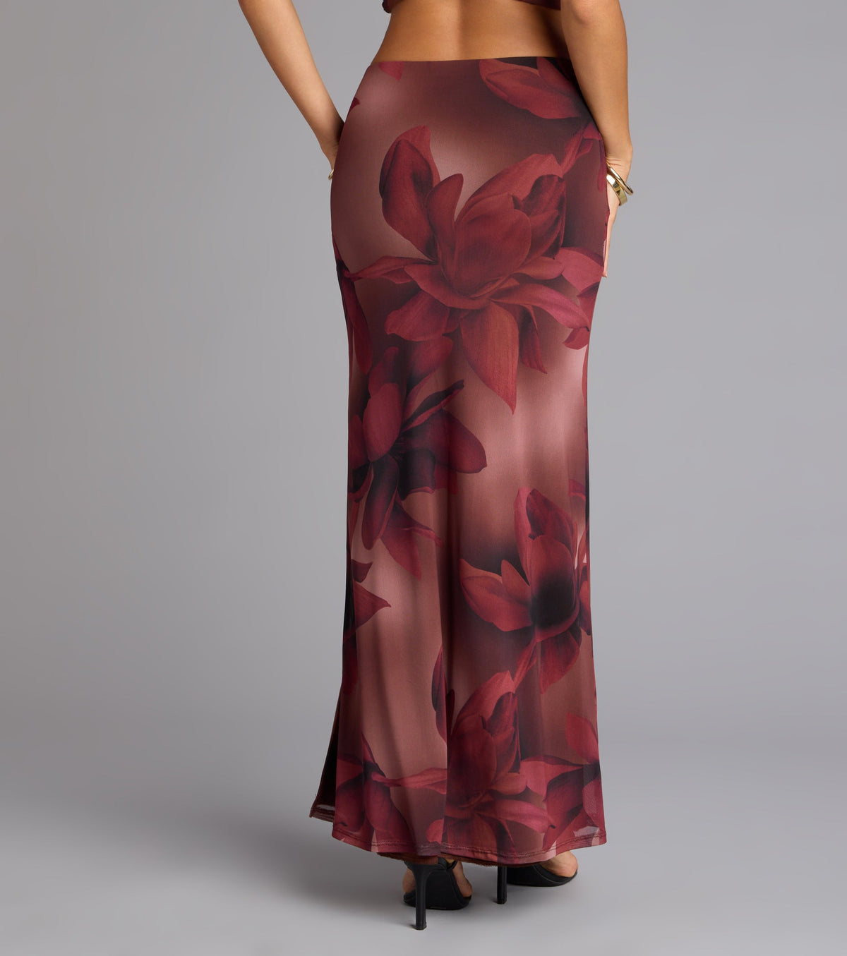 Blooming Allure Floral Mesh High-Slit Maxi Skirt