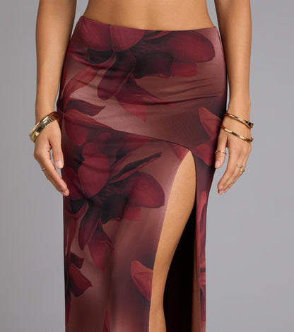 Blooming Allure Floral Mesh High-Slit Maxi Skirt