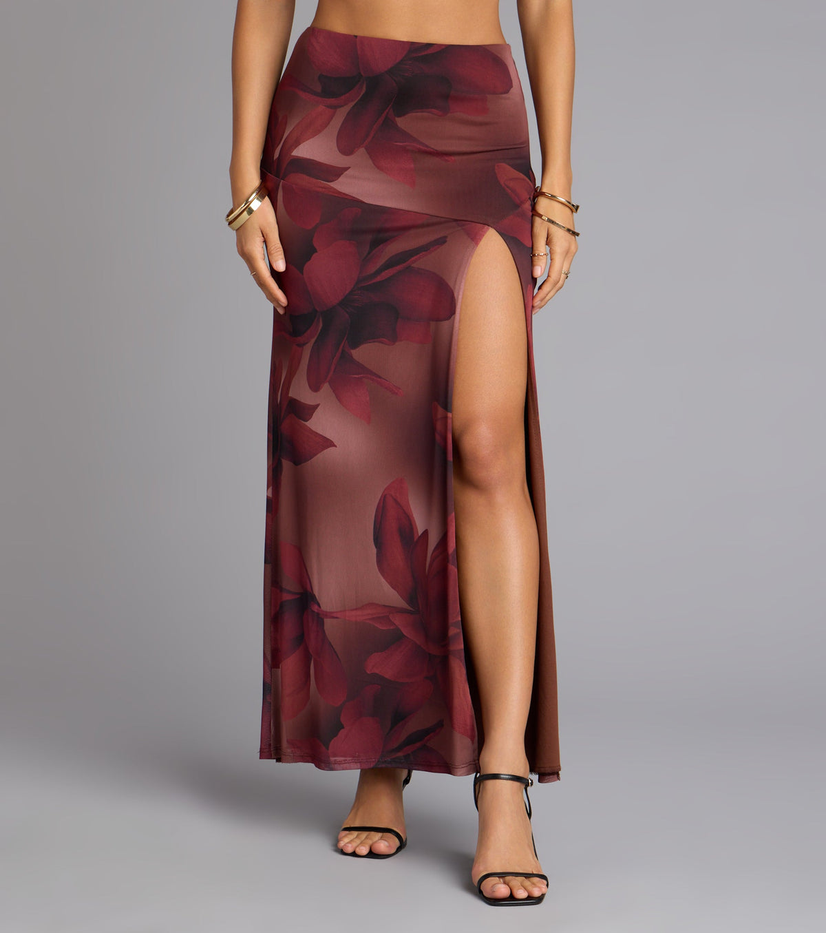 Blooming Allure Floral Mesh High-Slit Maxi Skirt