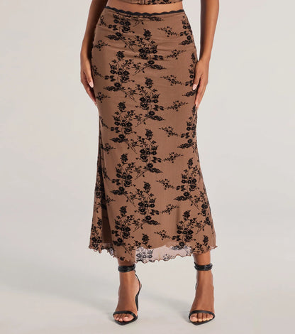 Romantic Aura Flocked Floral Mesh Maxi Skirt