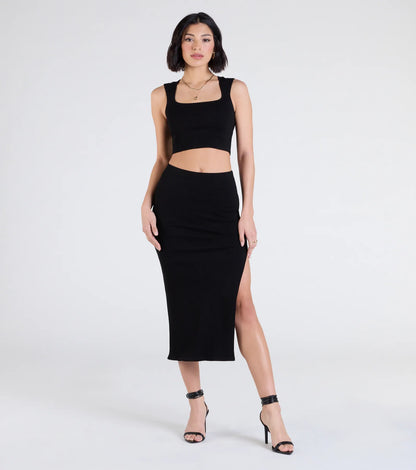 Elevated Era Ribbed Knit High Slit Midi Skirt