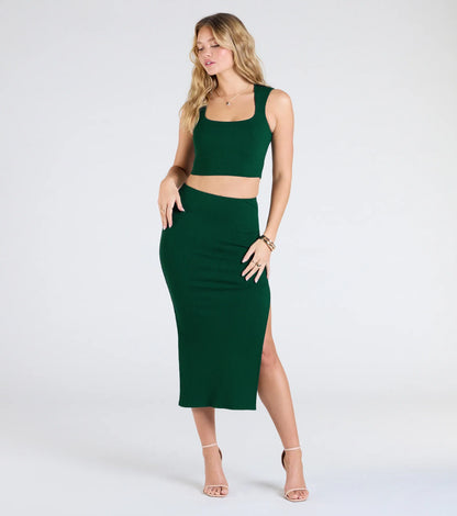 Elevated Era Ribbed Knit High Slit Midi Skirt