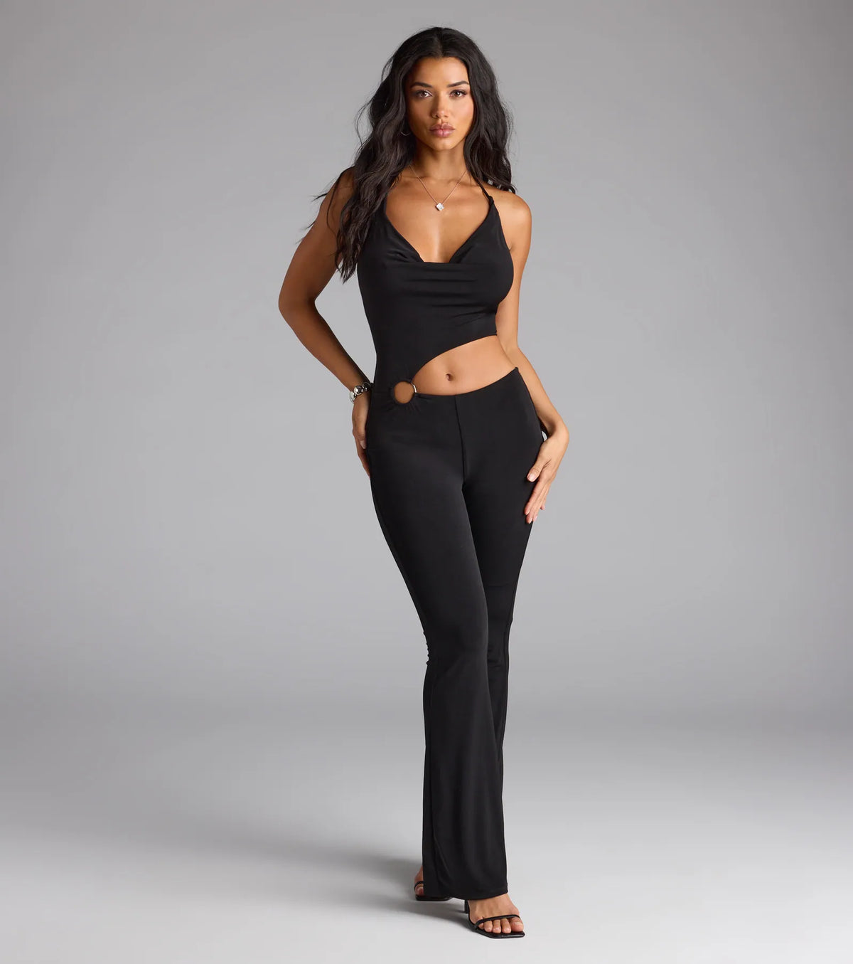 Sultry Heat Cowl Halter Cutout Jumpsuit