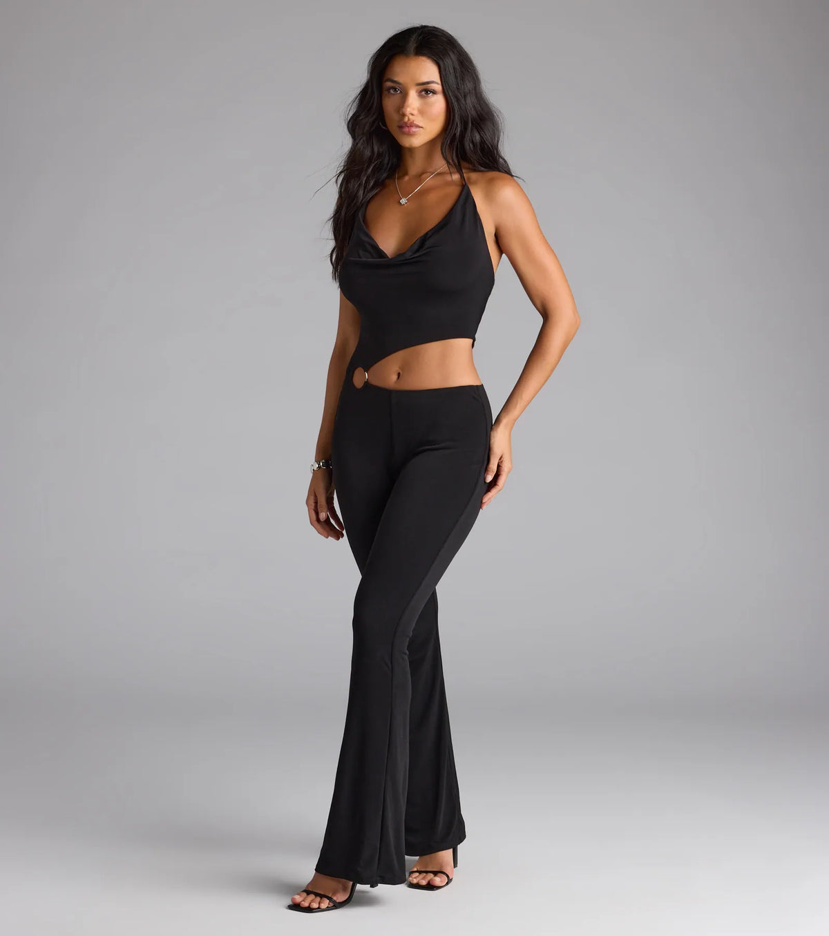 Sultry Heat Cowl Halter Cutout Jumpsuit