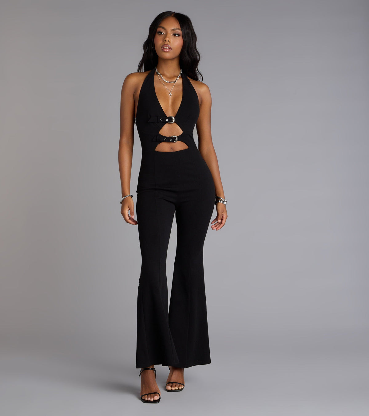 Double Dare Belted Cutout Flared-Leg Jumpsuit