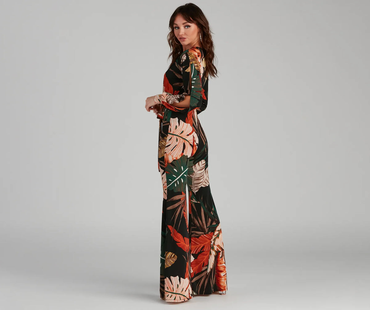 Island Getaway Plunge Neck Tropical Jumpsuit