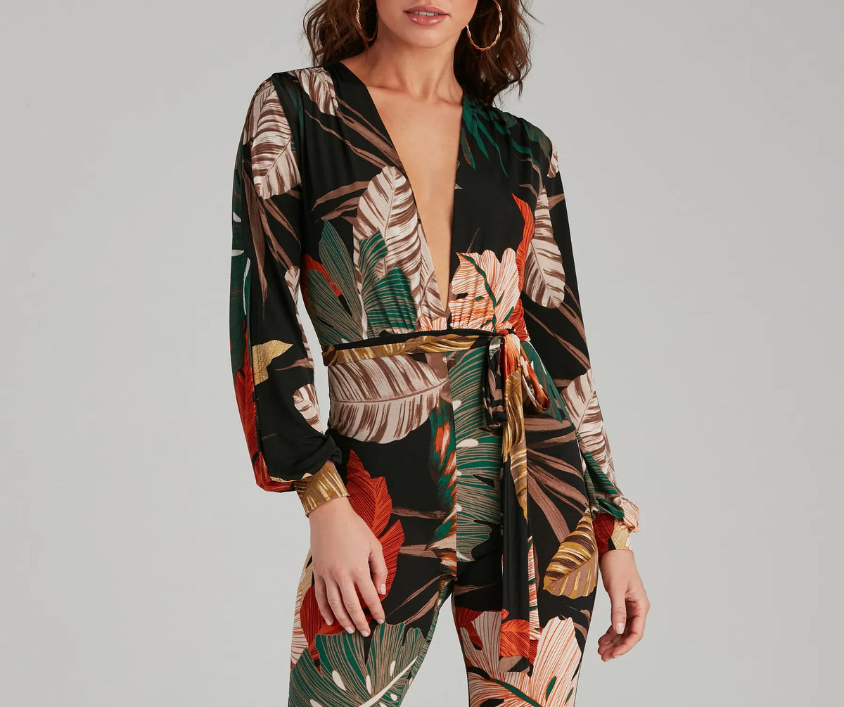 Island Getaway Plunge Neck Tropical Jumpsuit