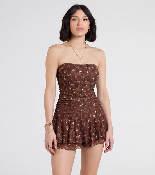 Smell The Roses Strapless Floral Lace Romper