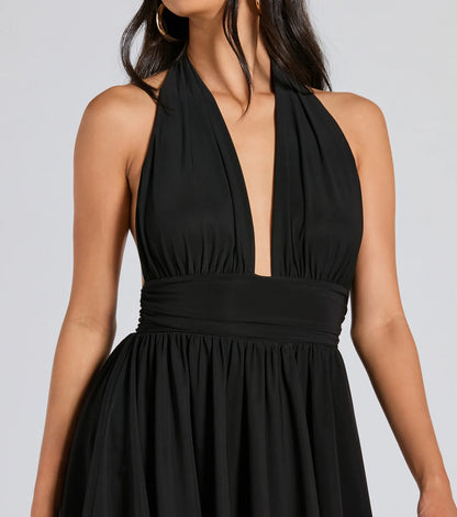 50s Icon Halter Plunge Neck Skater Romper