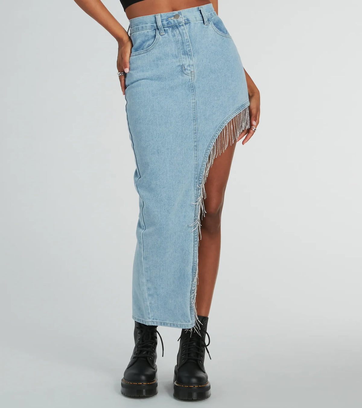 Glitzy Rhinestone Fringe High Slit Denim Maxi Skirt