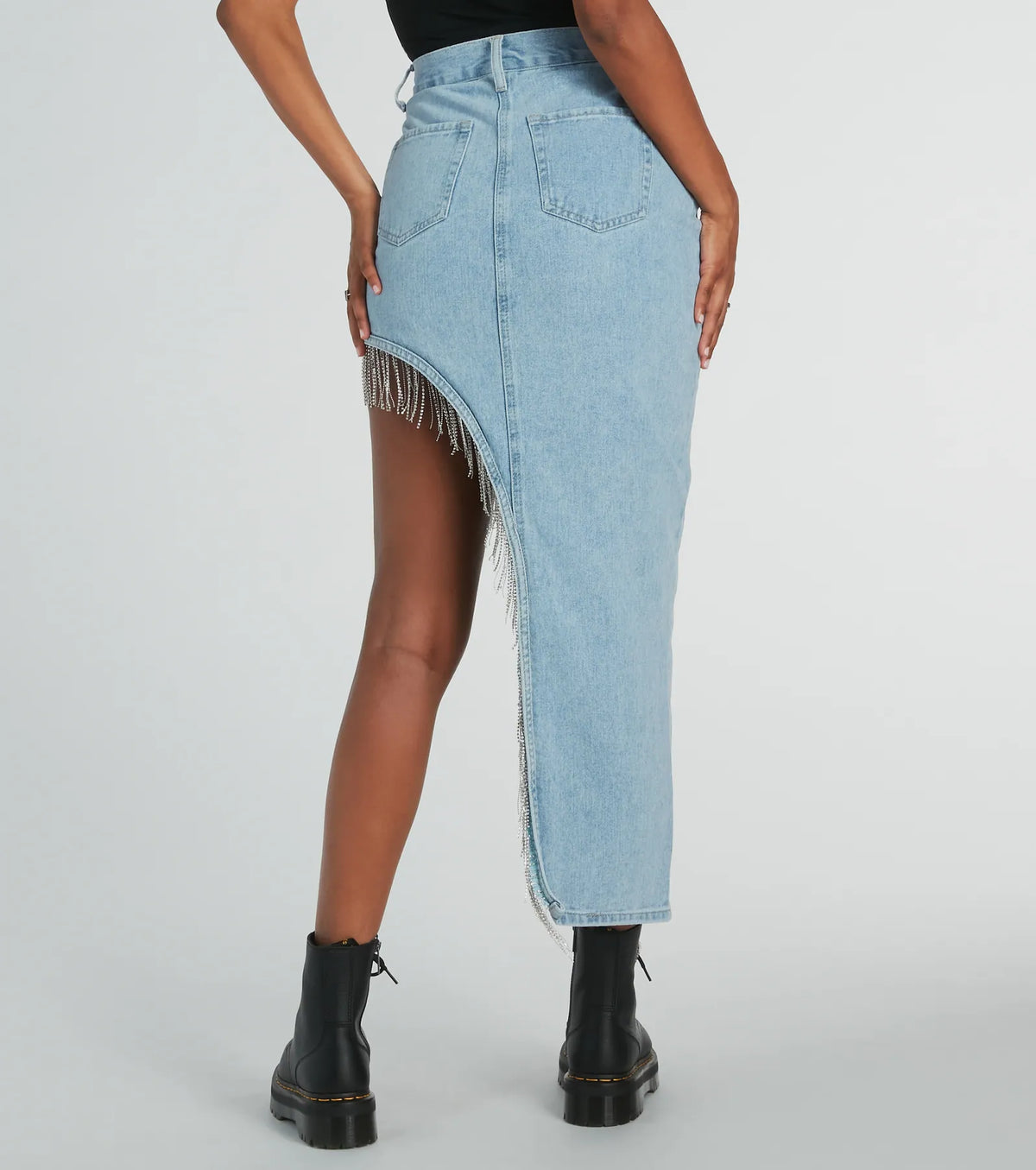 Glitzy Rhinestone Fringe High Slit Denim Maxi Skirt